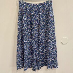 VTG 90s Russ Ditsy Floral Button Front Midi Skirt Blue Rayon Cottagecore Small